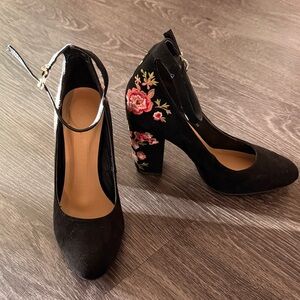 Floral Embroidered Black Heels